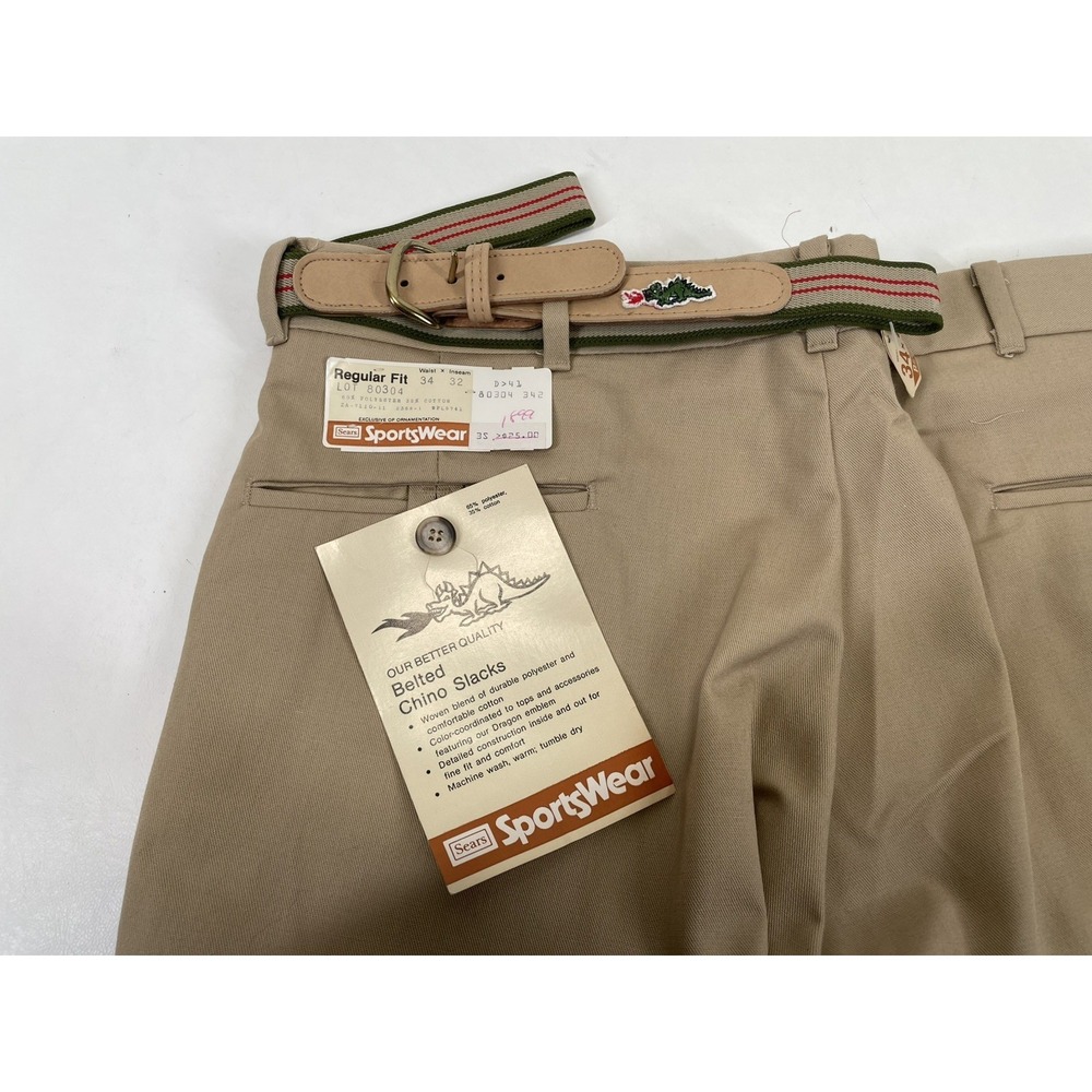 Sears Sportswear Belted Chino Slacks Vintage Mens Size 34x32 Beige NWT‎ Dragon - Picture 9 of 11